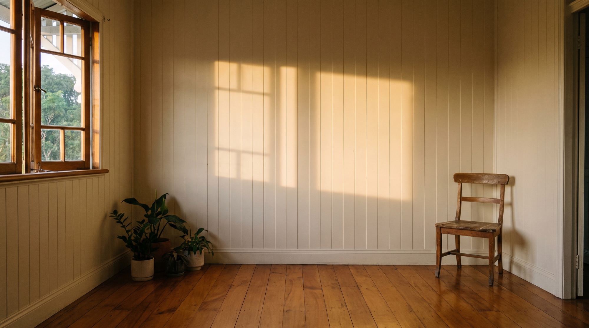 Afternoon light falling across a painted board wall and timber floor in a Queenslander room