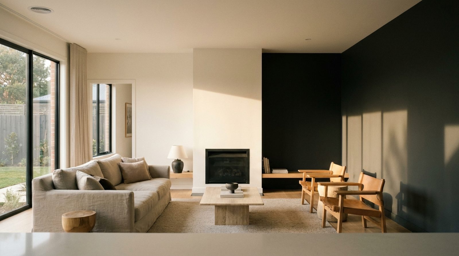 A finished living room with soft daylight through a wide window