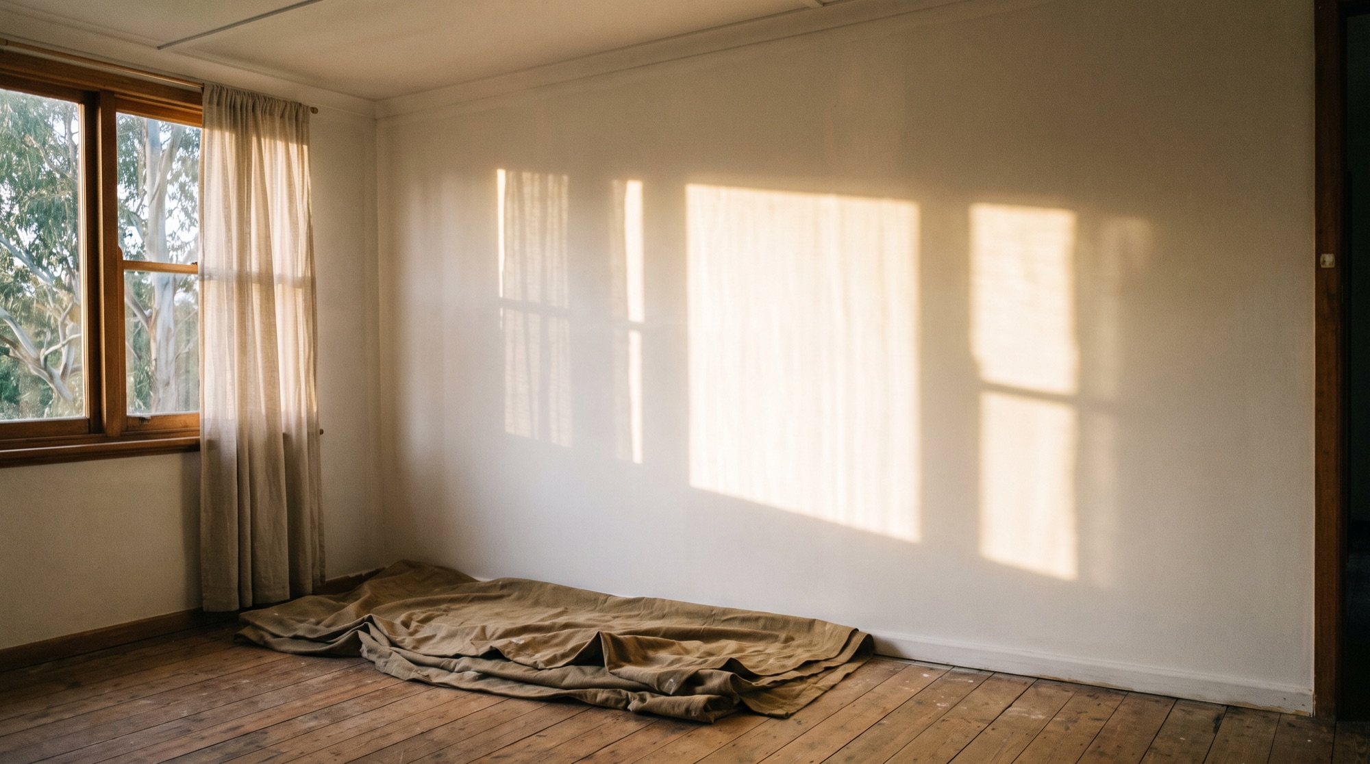 A plain set wall lit from a window to one side