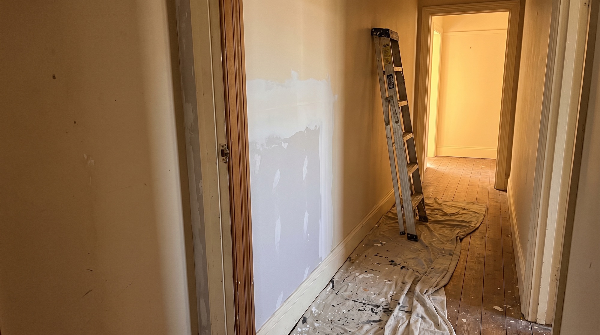 A hallway with a patched and set section of wall beside the door frame, a stepladder and drop sheet along the skirting