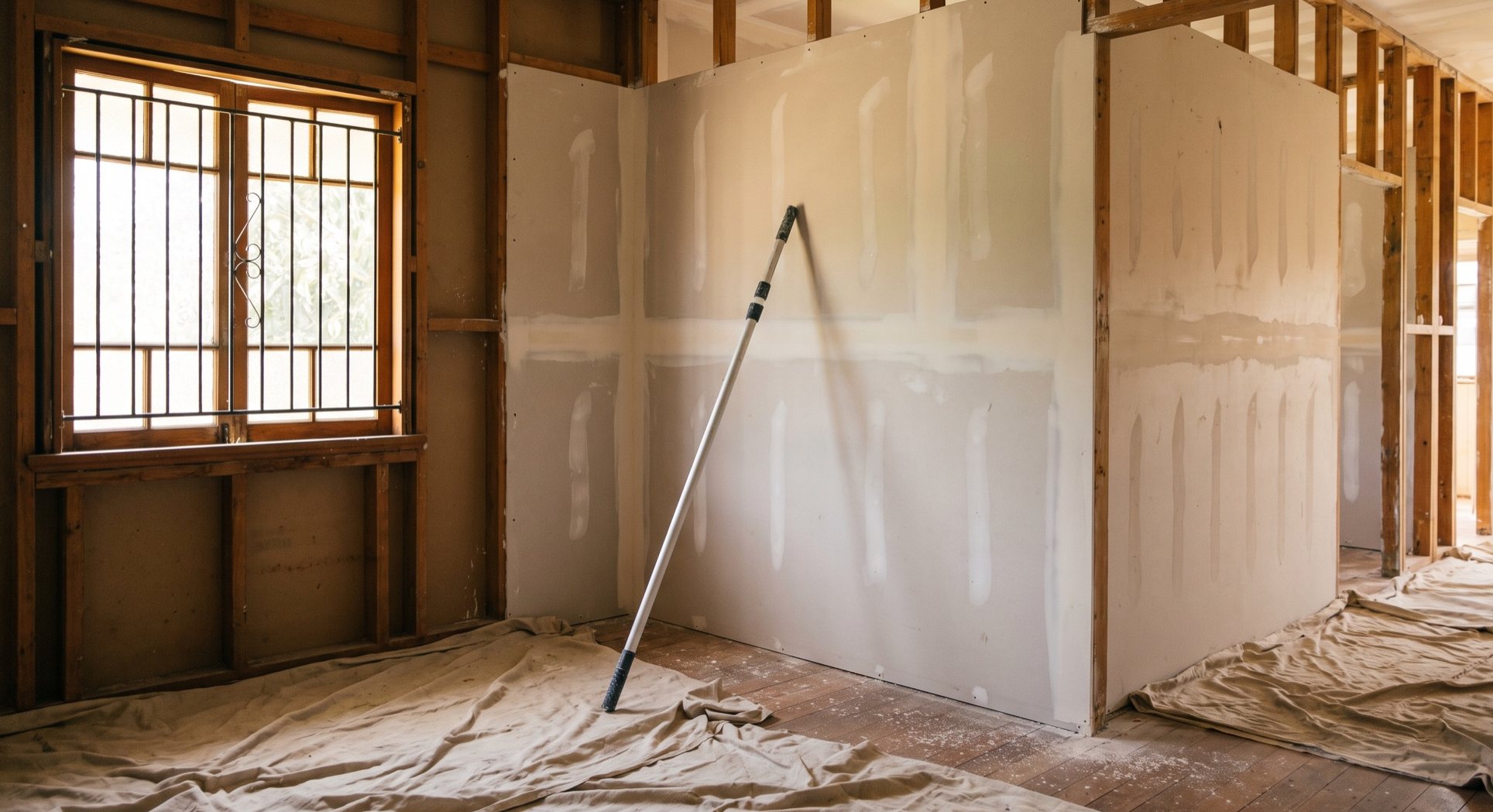 A room stripped back to timber studs with new plasterboard set on one wall and a sanding pole leaning against it