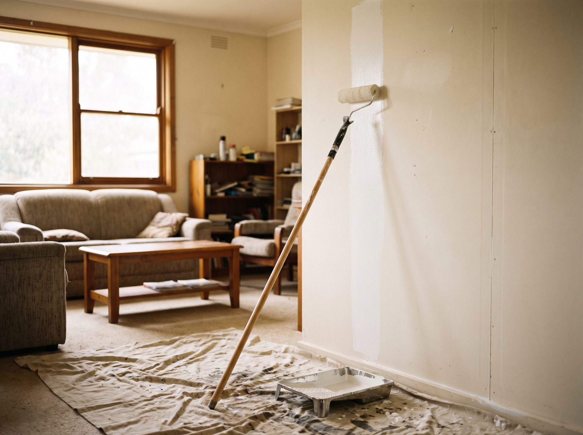 A roller loaded with paint being run down an interior wall
